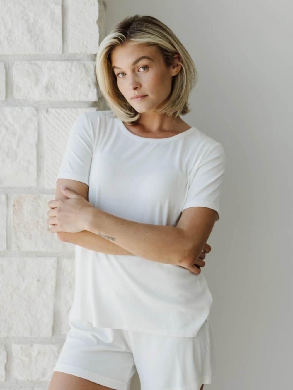 Bamboo Rib-Knit Short Sleeve Lounge Top - Cream